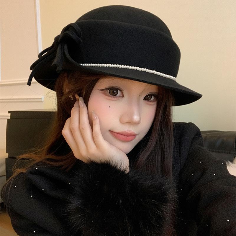 Французский бант элегантная дочь шерстяная шляпа-цилиндр женская зимняя в стиле Хепберн ретро темперамент подчеркивает лицо маленькая рыбацкая шапка One size