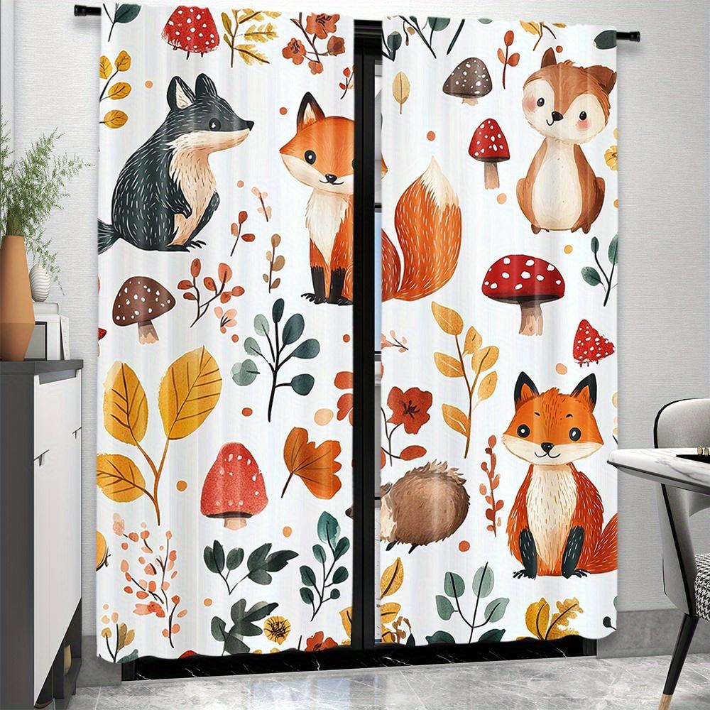 2PCS Cartoon Curtains, Fox Hedgehog Mushroom Forest, Digital Print, Bedroom Living Room, Office, Bathroom, Dining Room
