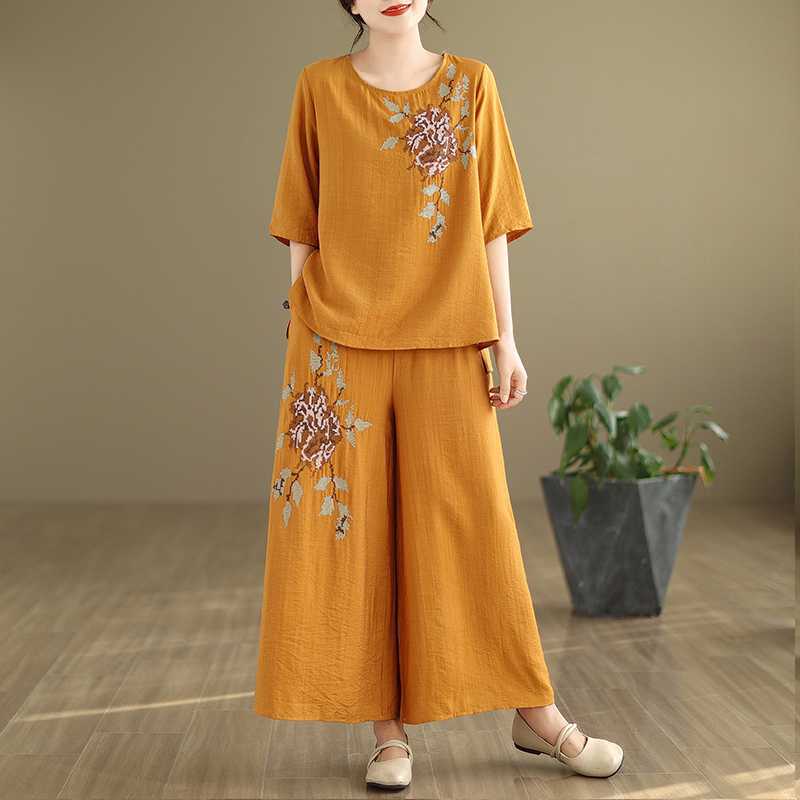 Summer Linen Casual Shirt and Pants Set for Women Retro Light Thin Embroidered Ramie Top Trousers Loose Outfits