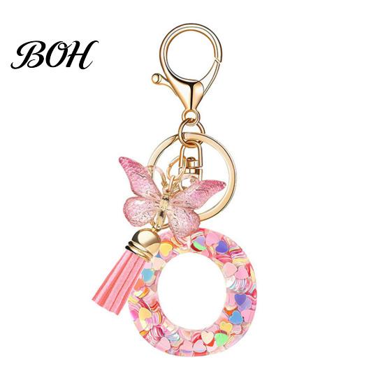 Compact Keychain Pink Series Pendant, Sequins Heart Initial Letter Charm Key Chain with Durable Butterfly Tassel Design, A-Z Holder for Bag