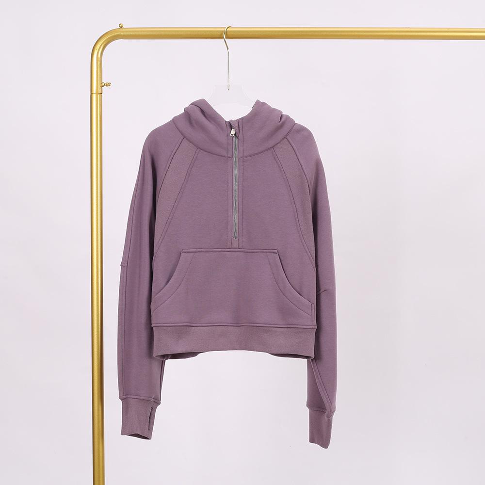 LULU Women's Hooded Half-Zip Terry Cloth Sweatshirt with Gold Logo & Zipper, Plus Velvet Yoga Wear