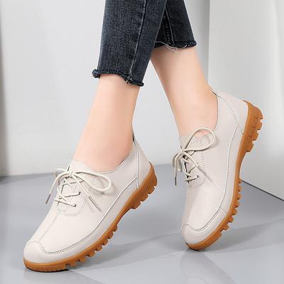 Spring New Genuine Leather Single Shoes Shallow Mouth Flat Leather Shoes Beef Tendon Sole Anti-slip Work Pregnant Mother Shoes