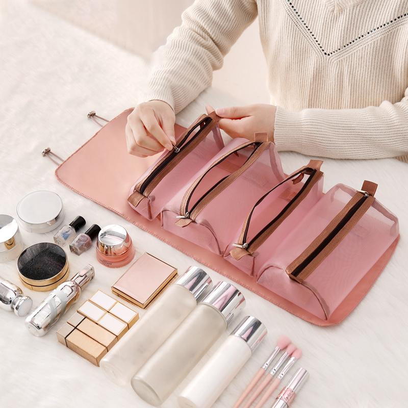 Foldable Detachable Makeup Pouches 4 In1 Portable Travel Cosmetic Bag Transparent Mesh Toiletry Kits Makeup Brush Storage