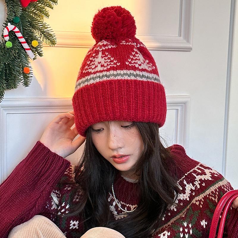 Retro Fair Isle Style Woolen Hat for Women Winter Thickened Warm Knitted Hat Japanese Style Christmas Ear Protection Pullover Cold Hat