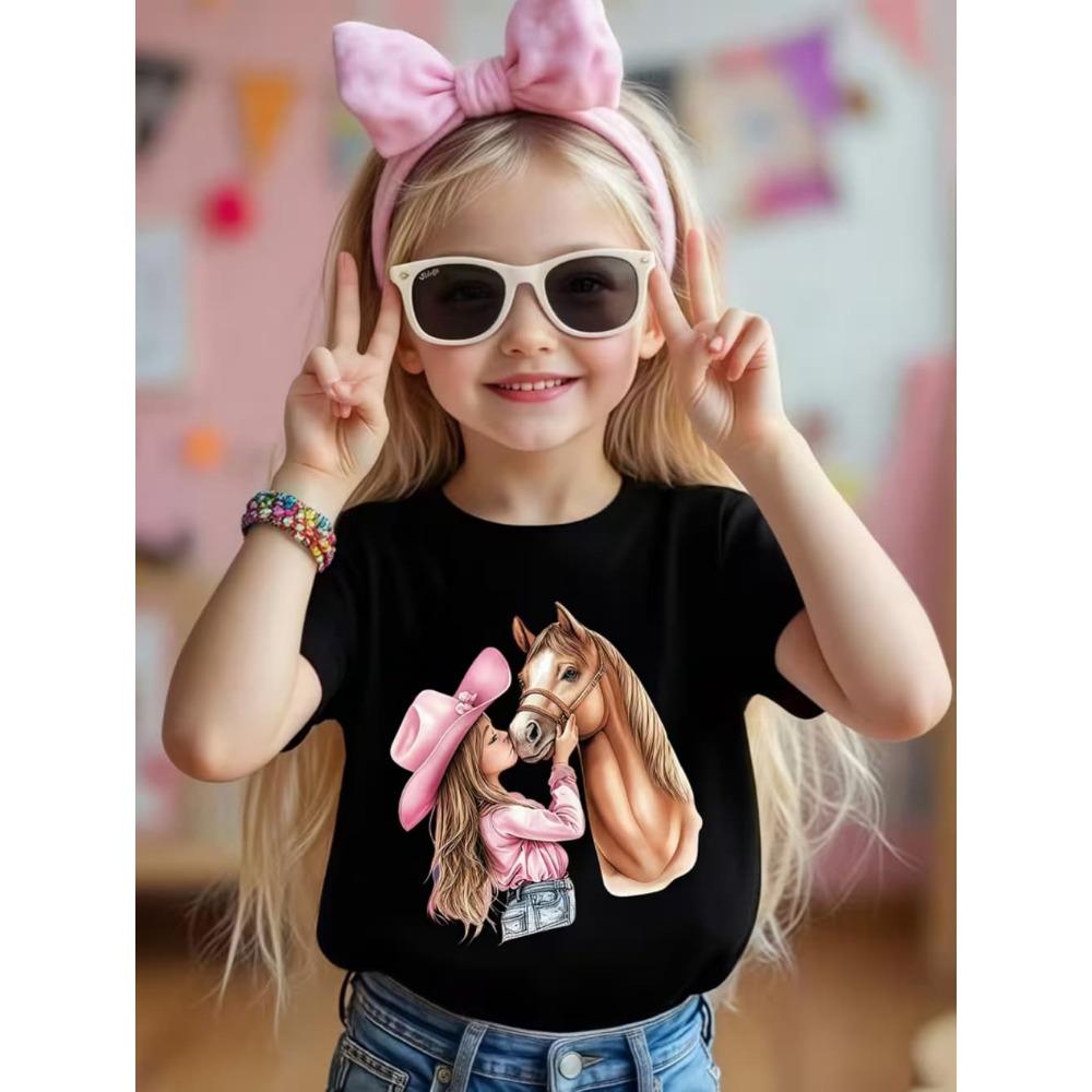Girl Clothes Cow Girl Riding Horse 3D Print T-Shirt Western Festival Casual Top Summer Short Sleeve Outdoor Children's Clothing