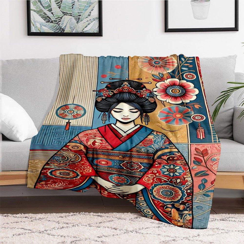 "Japanese Geisha Kimono with Floral Patterns"Blanket Flannel Throw Blanket for Sofa, Bed, Travel, Camping, Office, Couch, Chair, And Bed Gif