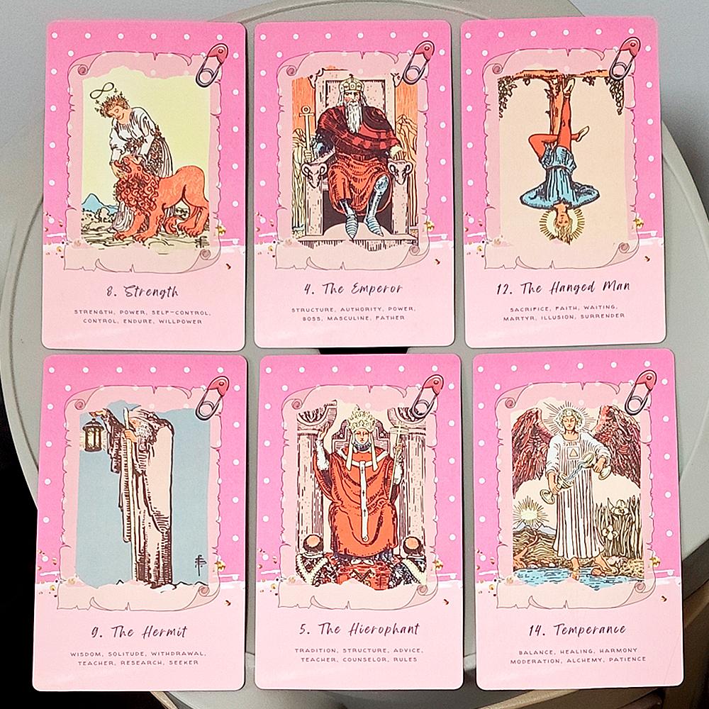 Pink Waite Tarot, The Dreamy Pink Collage Tarot Deck, 78  Aesthetic Kawaii Tarot Cards with Meanings, Double-embossed 12*7cm