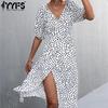 YYFS Damenmode Sommer Frühling Blumenmuster Druck Kurzarm V-Ausschnitt Hohe Taille Freizeitkleider