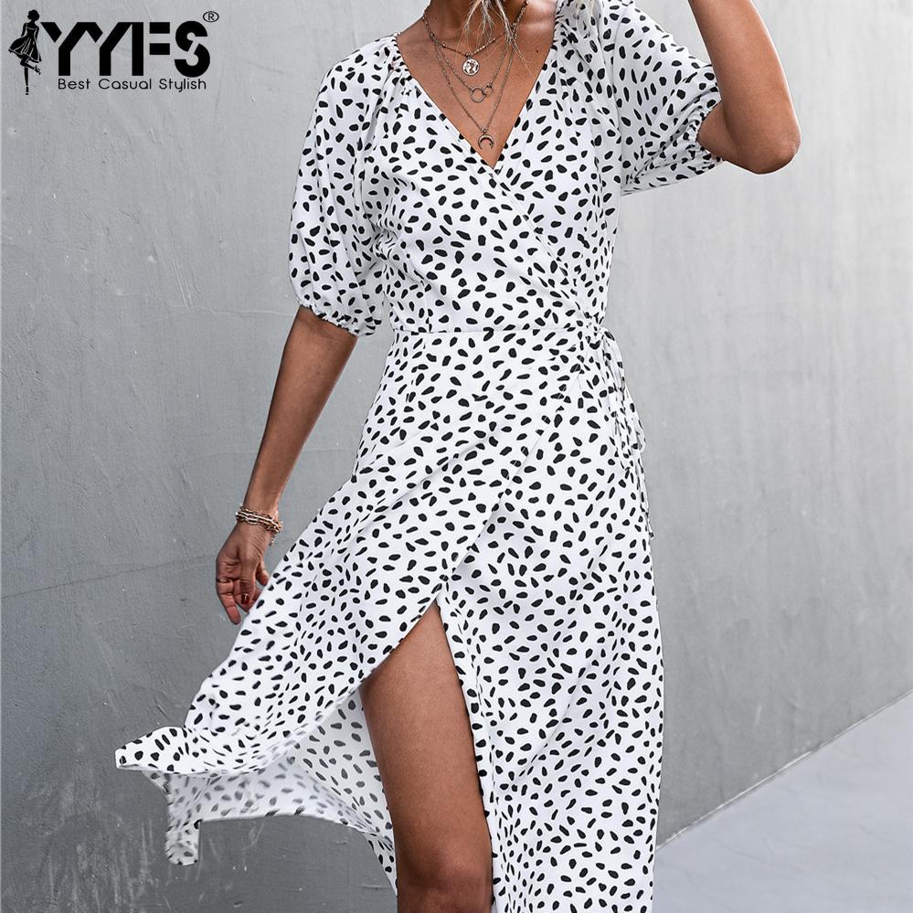 YYFS Damenmode Sommer Frühling Blumenmuster Druck Kurzarm V-Ausschnitt Hohe Taille Freizeitkleider