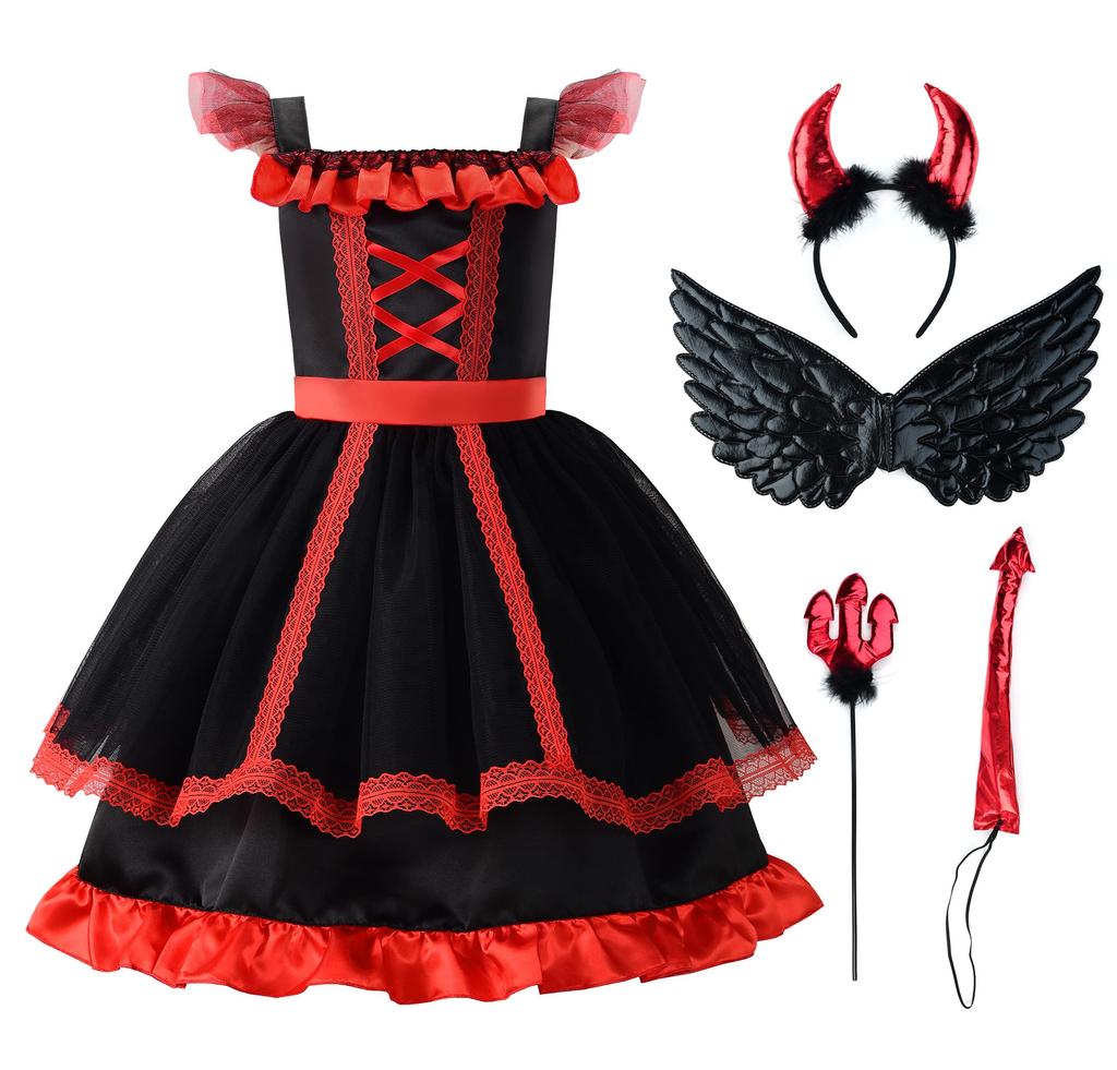 ReliBeauty Devil Cosplay Halloween Costume for Little Witch Kids Birthday Horned Size 130 Costume, Girls, Devil, Costume, Costume, Christmas, Party,