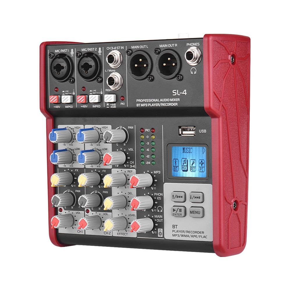 SL 4 Compact Size 4 Channel Mixing Console Mixer 2 band EQ Built in 48V Phantom Power Supports BT Connection USB MP3