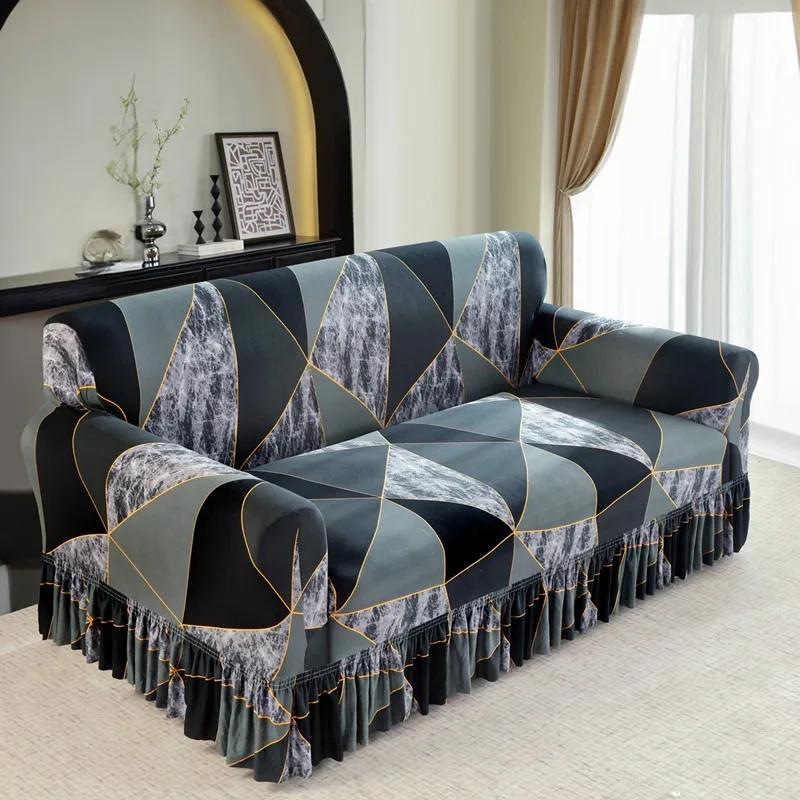 High Elastic Sofa Slipcover with Skirt Stretch Easy Fitted Armchair Sofa Covers 1/2/3/4-Seater Couch Slipcovers for Living Room