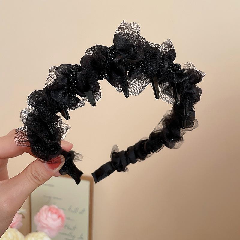 Fabric mesh yarn rice bead wrapped headband versatile high skull top headband niche headgear