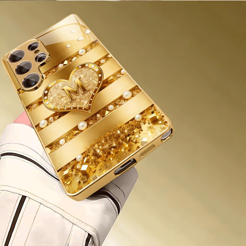 New Model Golden Heart Simplicity High-end Electroplating Glass PhoneCase for Samsung Galaxy S26 S25 S24 S23 S22 FE,Ultra,Plus