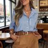Cămașă de damă cu rever, mânecă lungă, nasturi pe o parte, topuri cu buzunare aplicate, imprimeu dungat, croială largă, cămașă casual pentru doamne de birou