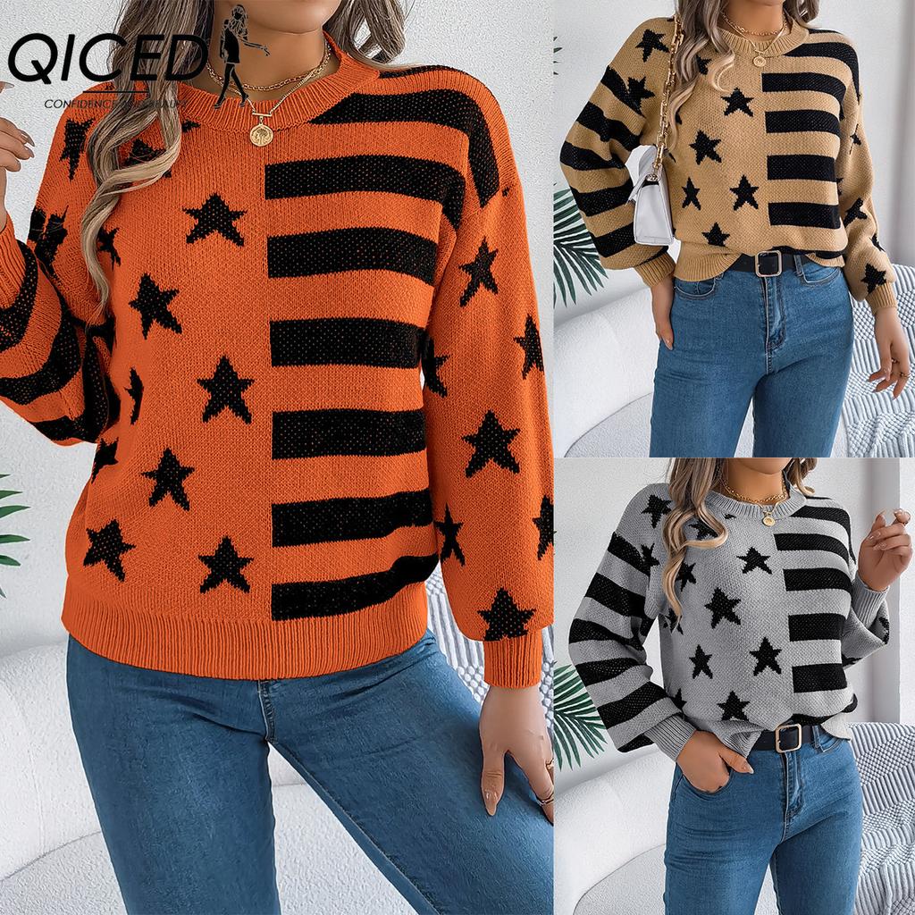 QICED Autumn and Winter Casual Starry Striped Lantern Long-sleeved Pullover Sweater Women's Wear