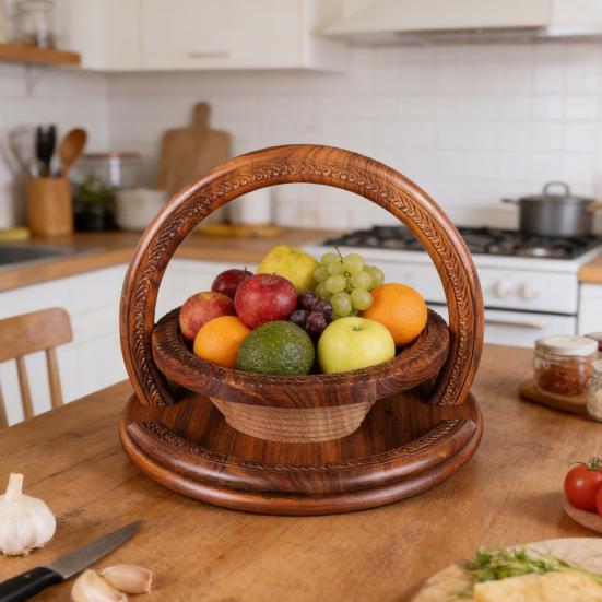 Wood Fruit Basket with Heart-Shaped Partition Hand-Carved Decorative Serving Tray for Fruits Nuts Snacks Multifunctional Home Decor