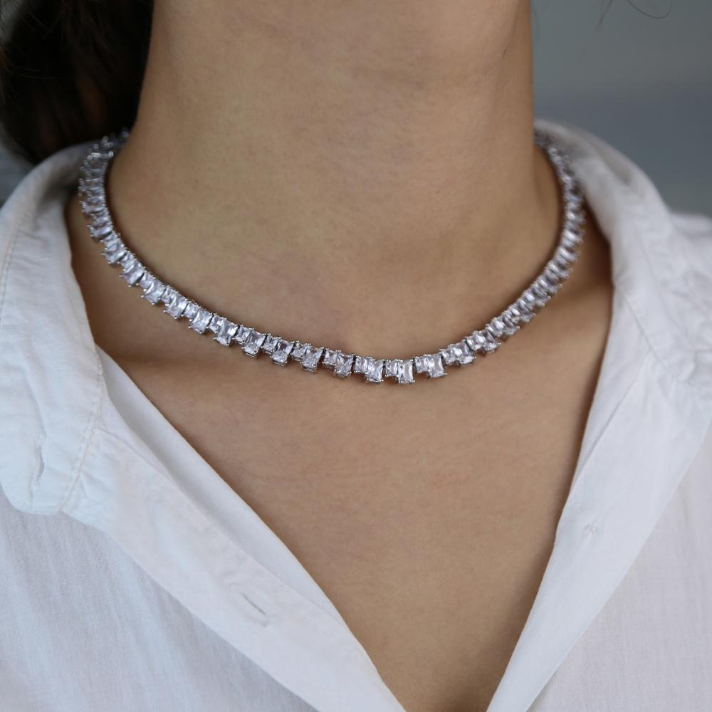 5A Iced Out Bling Rectangle Cz Tennis Necklace for Women 16" 18"