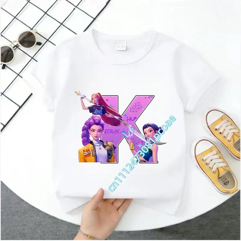 K Pop Demon Huntersd Children's Short-Sleeved Girls' Casual Shirt - Summer Pure Polyester T-Shirt with Letter A-Z Cartoon Print