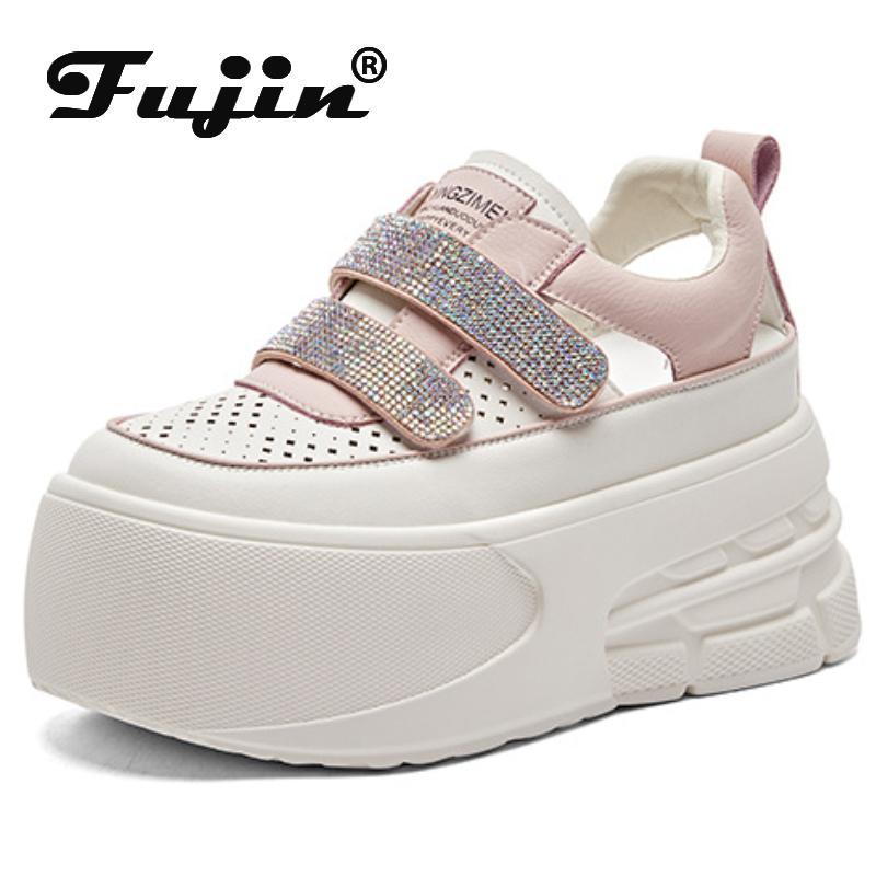 

Fujin/7 см, новые женские лоферы из натуральной кожи, сандалии на крючках, босоножки на платформе, на танкетке, на плоской подошве, летняя дизайнерская удобная модная обувь Мэри Джейн с блестками 34