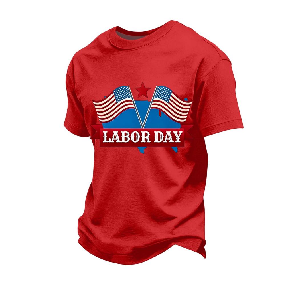 Men's Loose Fit Short Sleeve Casual T-Shirt Labor Day Printed Crew Neck Cotton Blend Top for Everyday Wear