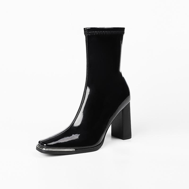 Niedrig geschnittene glänzende Damen-Lederstiefel, dicker Absatz, eckige Zehenpartie, High-Heel-Stiefel, Herbst und Winter, Lackleder, kurze Stiefel
