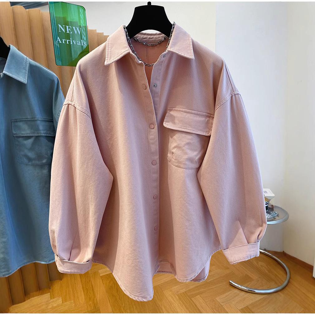 Old pink denim shirt women's 1116 spring and autumn new loose silhouette large version fat MM shirt jacket top