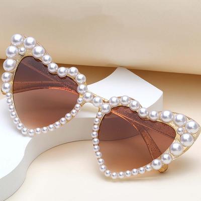 Óculos de Sol com Lente Grande em Formato de Coração com Pérolas para Mulheres Homens Moda Óculos de Sol Lentes Vintage Retrô Óculos UV400 para Feminino