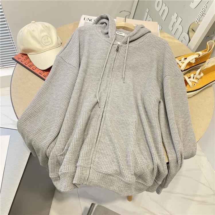 Zipper Waffle Hooded Sweatshirt Jacket Loose Fit Slim Winter Women Autumn New Fashion Cardigan M серый