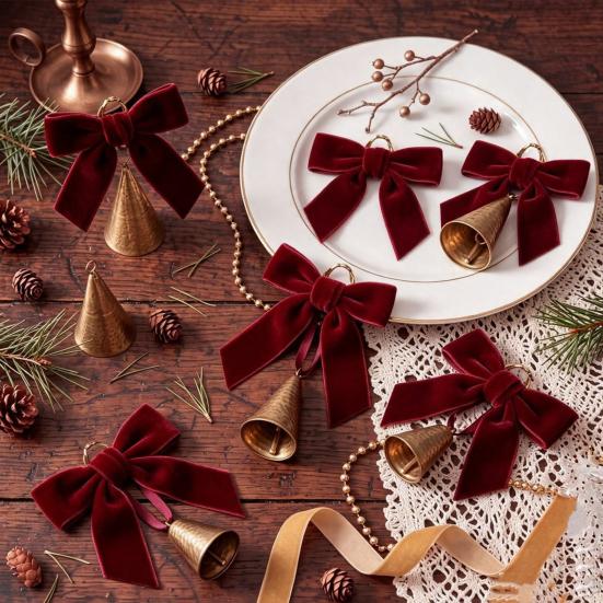 Holiday Party Hanging Ornaments 6 Pcs Velvet Bow with Bell Ornaments, Vintage Rustic Christmas Seasonal Decorative Decoration, Retro Jingle