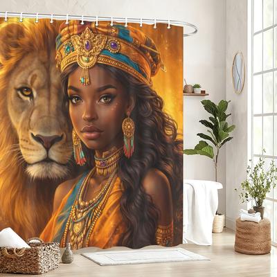 African Style Animal & Character Printed Polyester Shower Curtain - Decorative Bath Curtain For Bathroom, Stylish Bathroom Decor