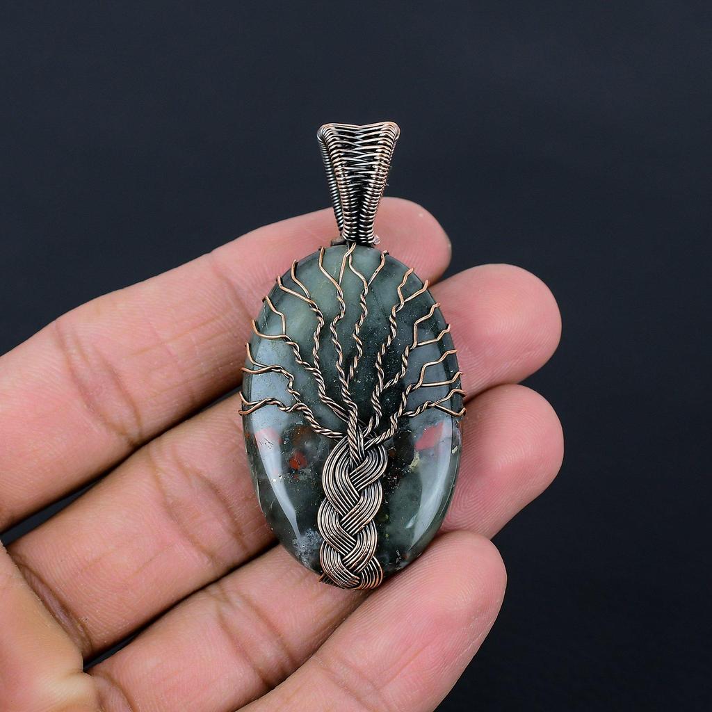 Tree Of Life Bloodstone Gemstone Pure Copper Wire Wrap Handmade Jewelry Pendant