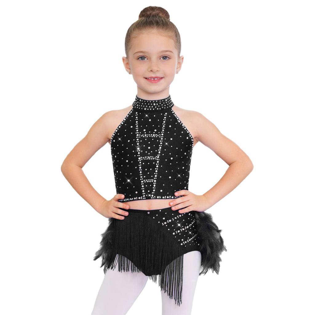 Trblietavý tanečný kostým s perami a strapcami pre deti, dievčatá: Crop top s halter krkom a prekríženým chrbtom a elastickou sukňou pre javiskové vystúpenie