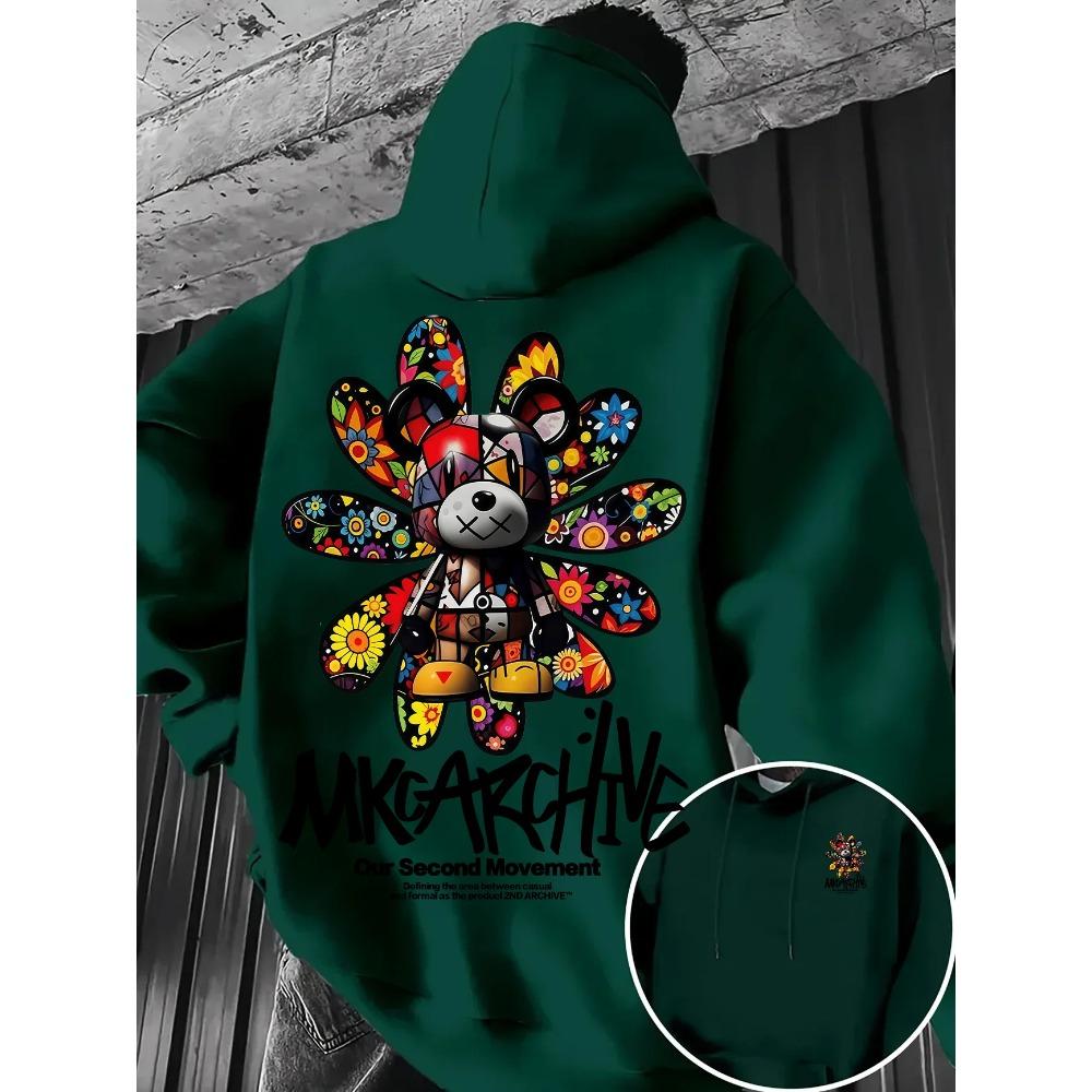 Men's Casual Hooded Sweatshirt – Colorful Floral Bear Graffiti Print Pullover Warm Street-Style Top for Spring Autumn