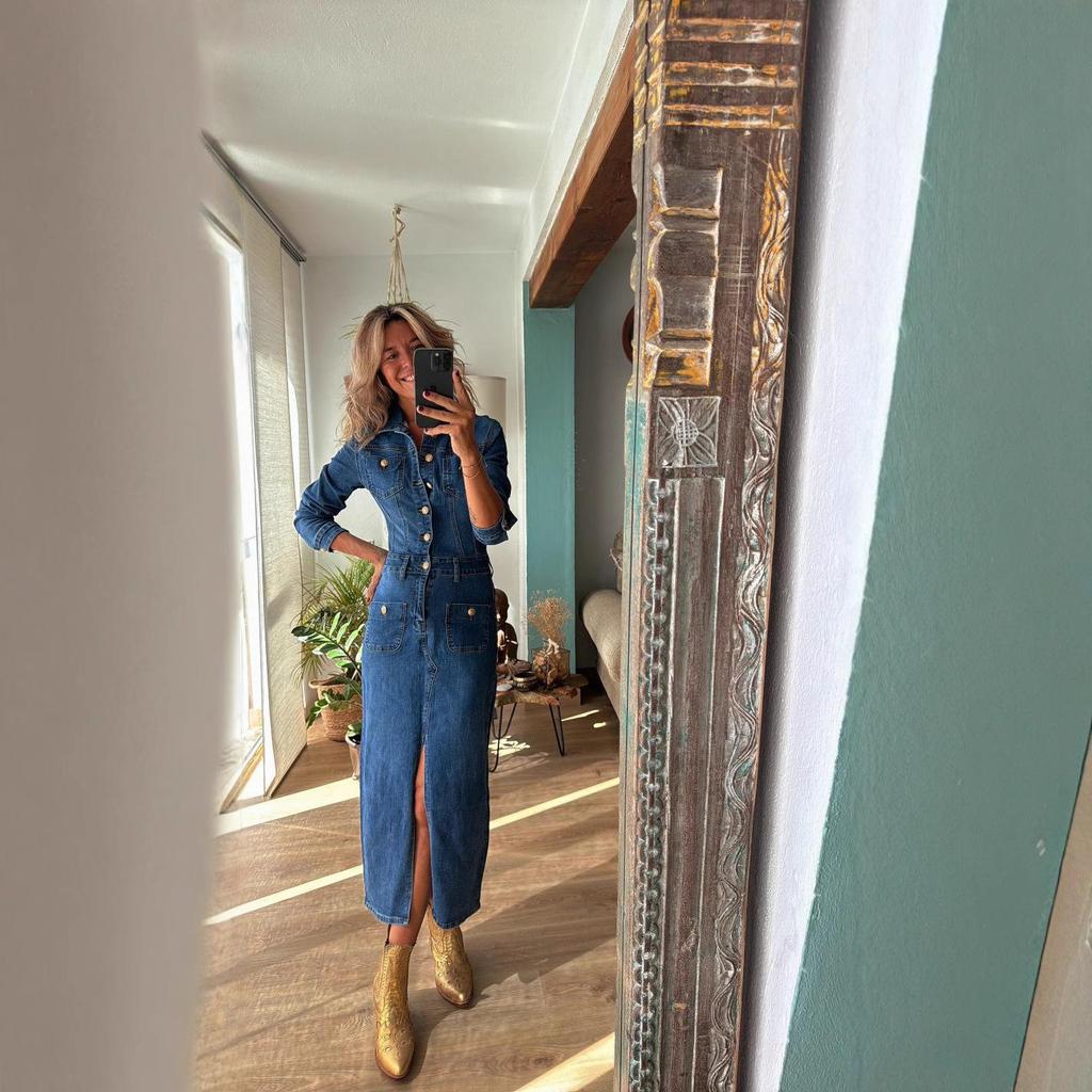 Damen Lange Denim- und Schwarze Button-Down-Kleider mit Schlitzsaum, Reverskragen und Taschen