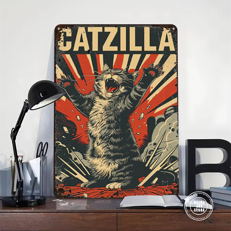 Catzilla Funny Cat Metal Poster Customized Wall Art Retro Vintage Tinplate Signs for Man Cave Gaming Room Decoration Cozy House