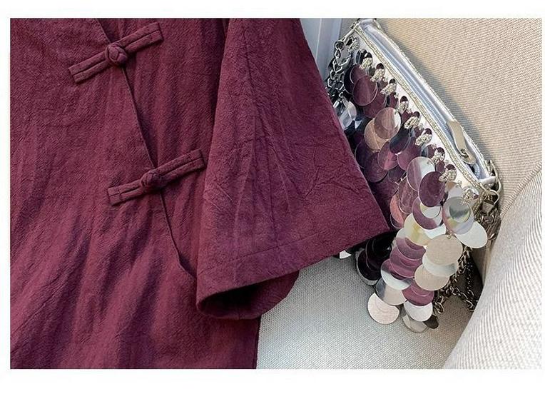 Damen Sommer Zen Teezeremonie Baumwoll-Leinen Oberteil mit schrägem Kragen und Froschknöpfen