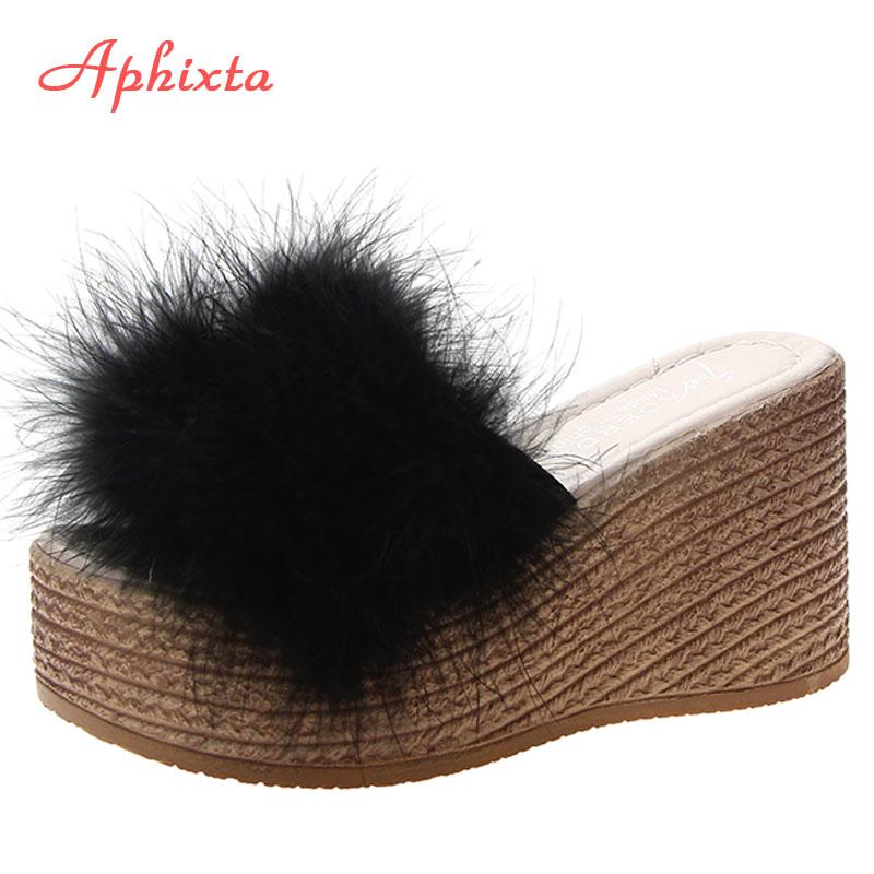 Aphixta 9cm Heels Slides Women's Shoes Woman Slippers Faux Fur Slides Wedge Platform Women Shoes Beach Sandals Zapatos Mujer