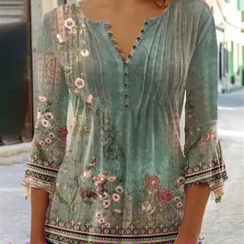 

Women Big Size 5XL Floral Print V-neck Short Sleeved T-shirt Dark green 5XL