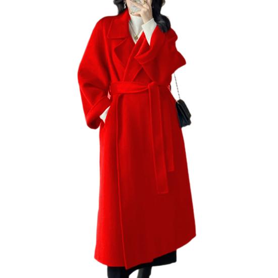 Women Winter Overcoat with Belt Turn-down Collar Pockets Pure Color Cardigan Mid Length Coat Thermal Long Sleeves Commuting Dating Winter Coat