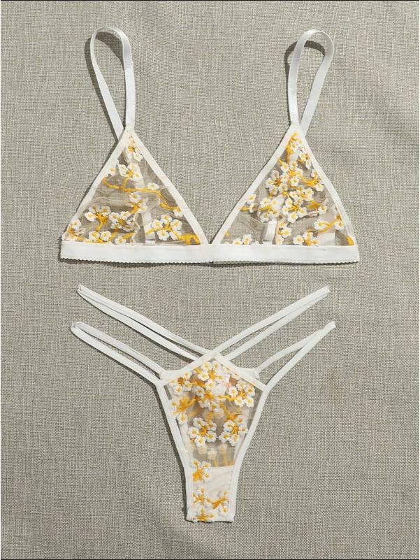 European & American Women's Sexy Lingerie: Printed Sheer Three-Piece Set