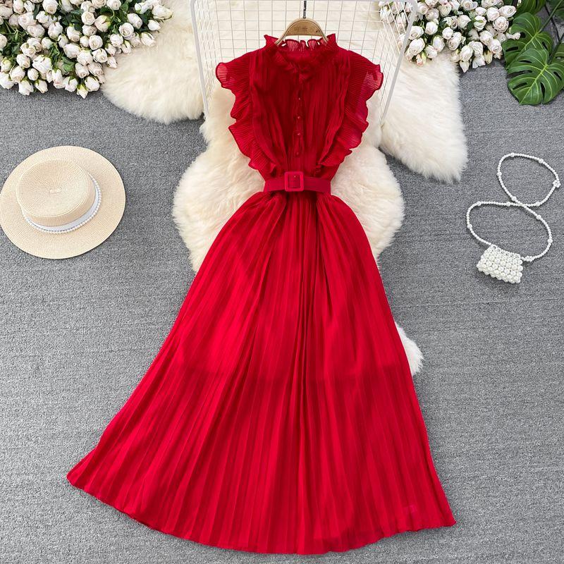 Fancy Light Luxury Temperament Flying Sleeves round Neck Waist Trimming Slim Looking A- line Pleated Dress Elegance Swing Long Dress