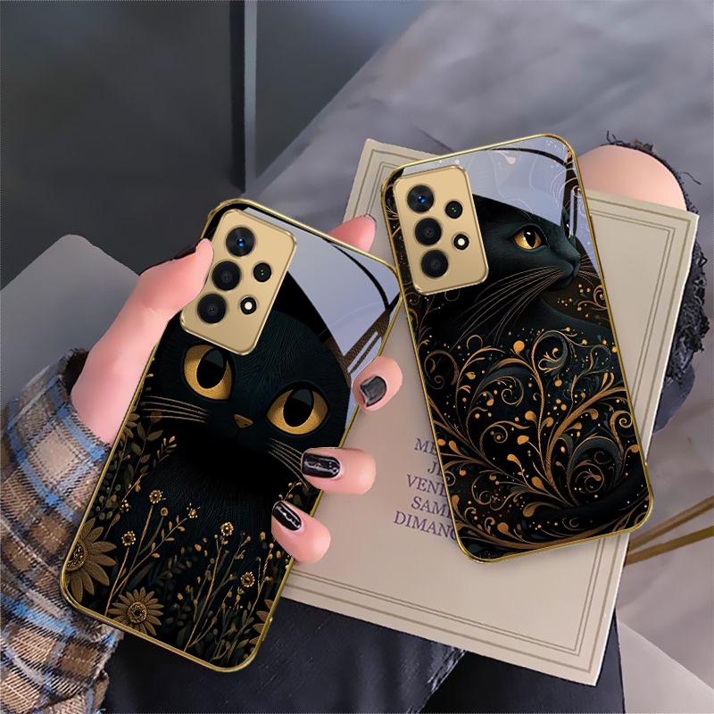 Fantastic Black Cat For Samsung A 01 52S A04 A05S A10 A12 A13 22 23 24 36 42 M02 Note 10 20Ultra 8 9 Golden glass phone case