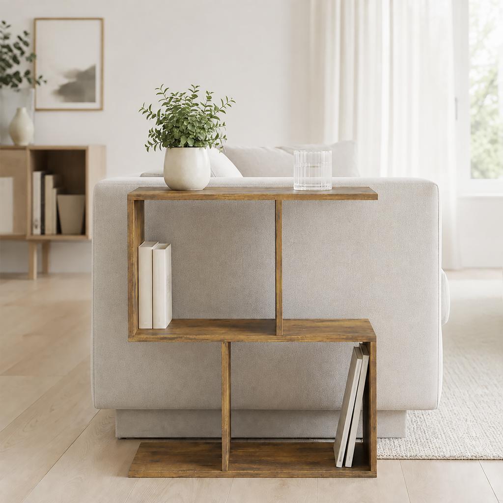 S-Shaped Side Table, Narrow 3-Tier Table with Storage Compartments for Living Room and Bedroom, Rustic Brown