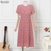 ZANZEA Rochie de vară casual pentru femei, cu gât rotund, patchwork din dantelă, cu mânecă scurtă