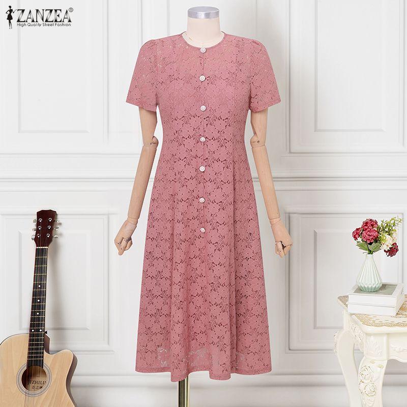 ZANZEA Rochie de vară casual pentru femei, cu gât rotund, patchwork din dantelă, cu mânecă scurtă