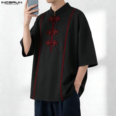 Oversized Summer Men Stand Neck Half Sleeve Retro Knot Casual Loose Tops Shirts