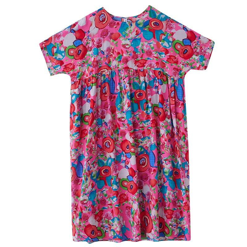Echte Aufnahme Sommer dünne Baumwolle und Leinen Rundhals Kurzarm schlichtes Saflor böhmisch mittel und lang Außenhandel Kleid Frauen
