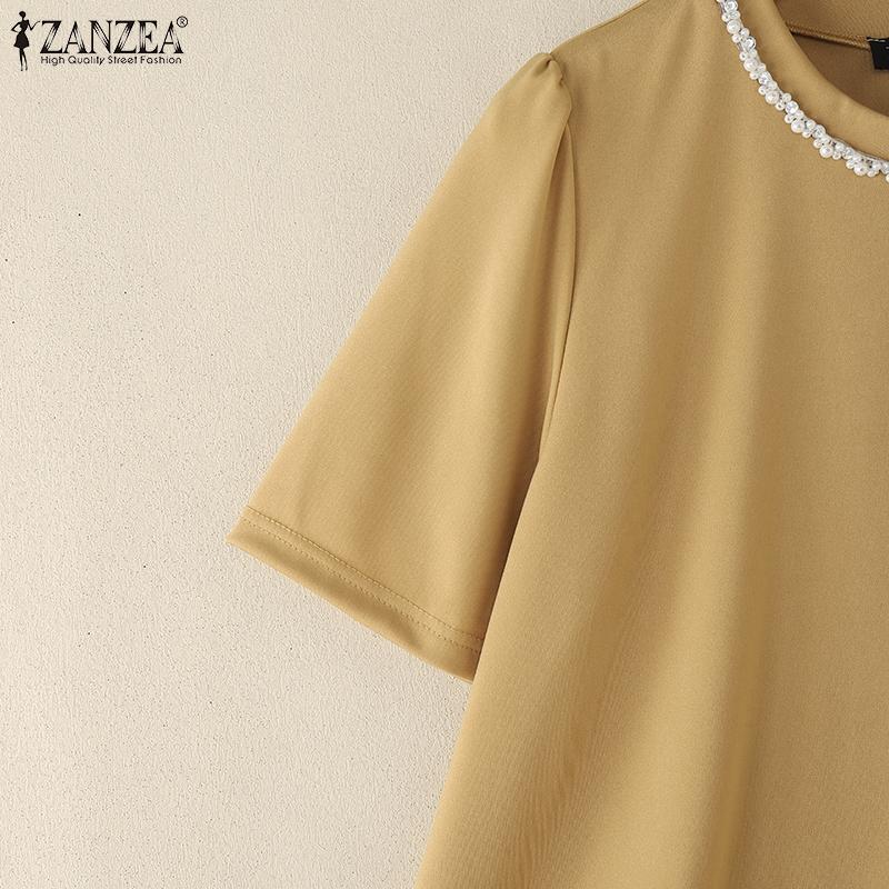 ZANZEA Bluză casual de vară pentru femei, cu gât rotund, mânecă scurtă, cu aplicații