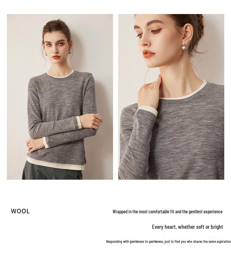 Women's Round Neck 100% Fine Wool Knit Top - Loose Slimming Fit